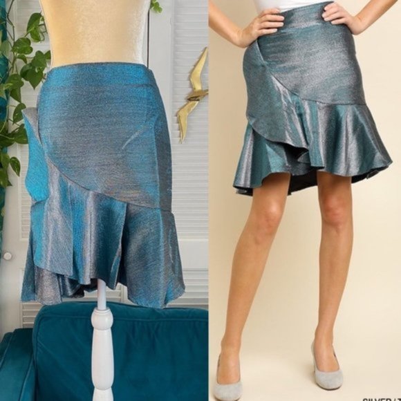 Umgee All That Sparkles High Waist Metallic Lurex Ruffled Skirt Blue Silver New - Picture 1 of 13
